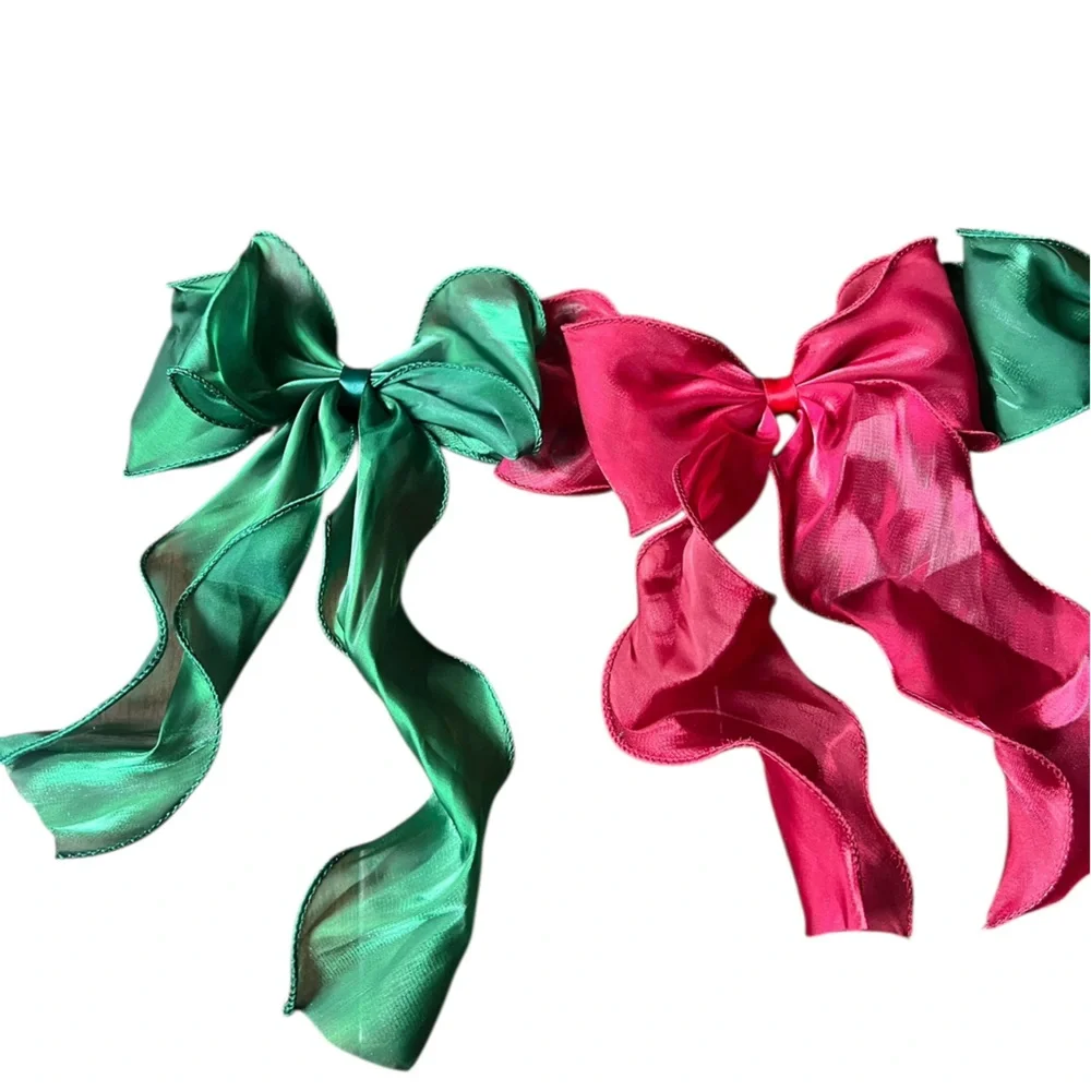 Holiday/Christmas Burgundy & Green Chiffon wired bow garland 55” length